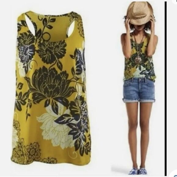 CAbi Bali Yellow Floral Silk Blend Racerback Tank S - Picture 1 of 5